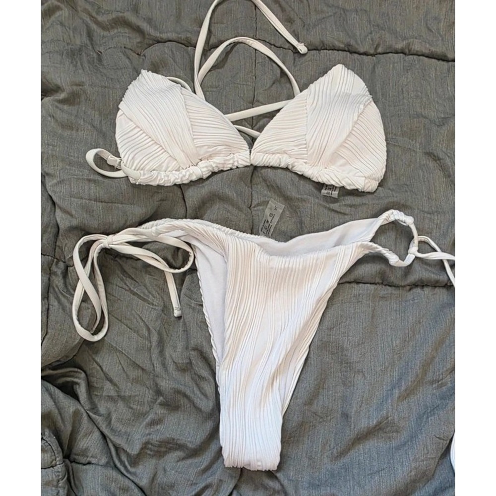 White Ribbed Triangle Bikini Set High Cut Side Tie Two Piece Swimsuit XL